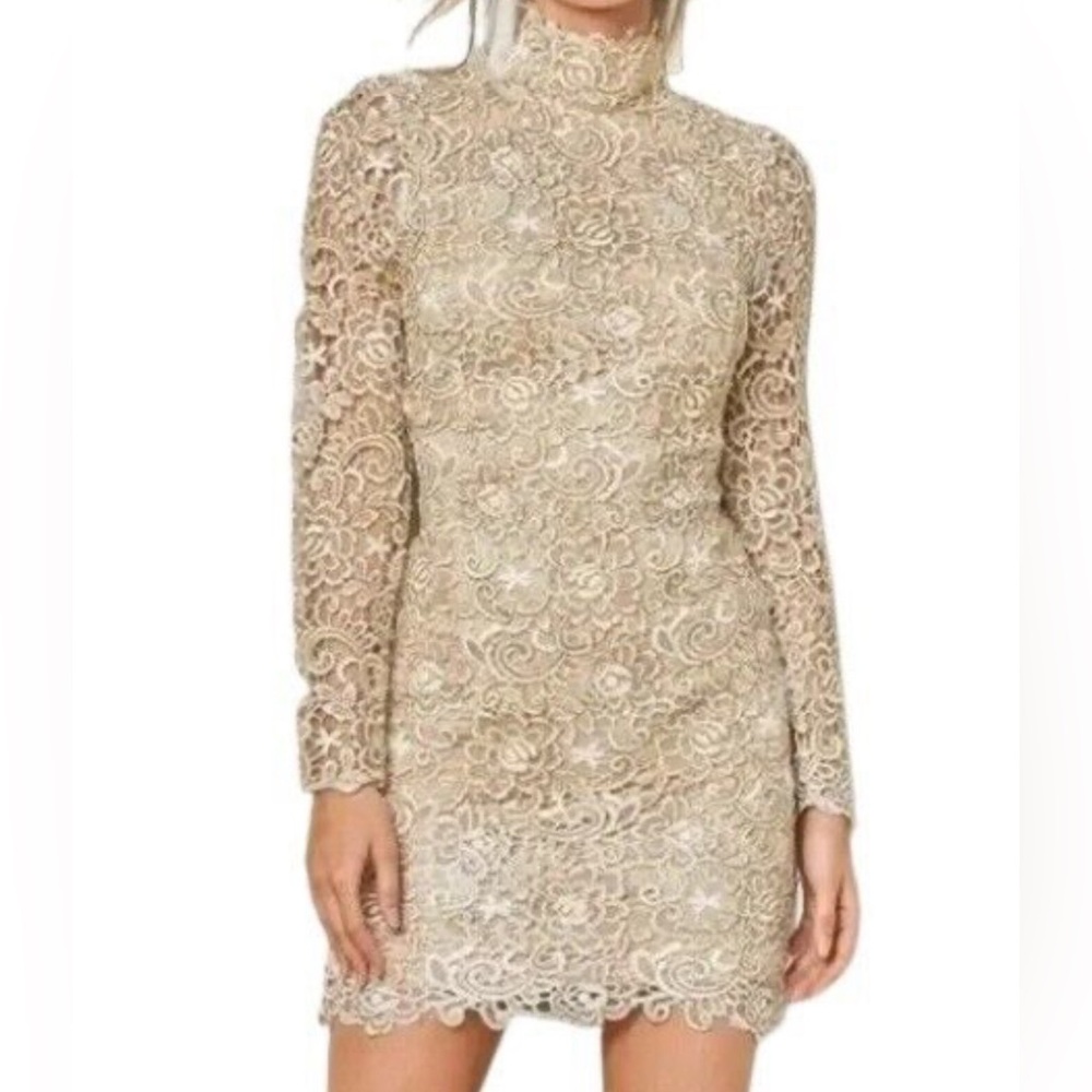 VENUS Size 4 NWOT Gold Floral Shimmer Backless Mock Neck Longsleeve Mini Dress